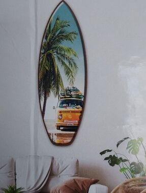 Surf Wall Art in a Tropical Beach Setting w a Classic VW Van. New in Box 38x13.